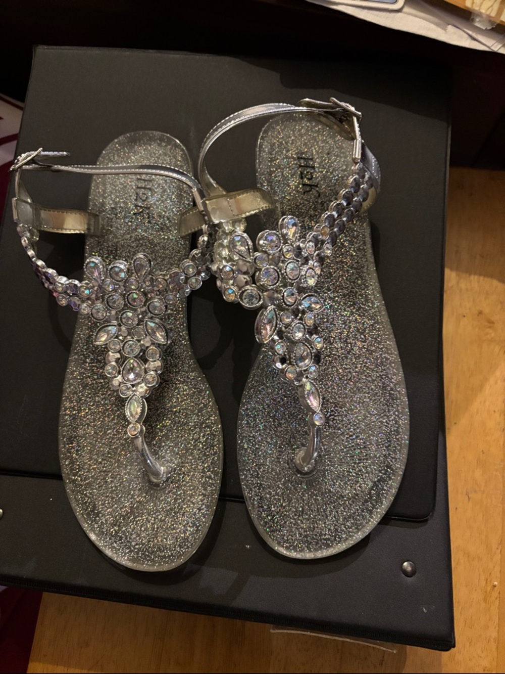 Glitter Rhinestone T-Strap Sandals in Silver - Women
